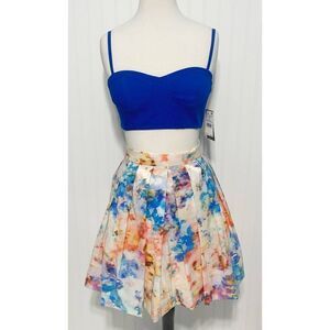 Aqua Bustier Crop Top Pleated Skirt Cutout Mini‎ Dress Marble Print Blue White 6